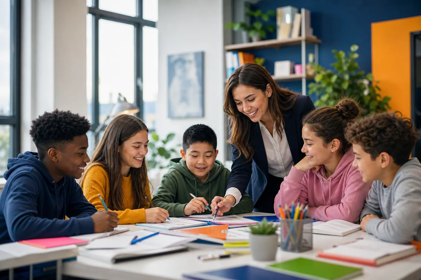 Teacher guiding students through a collaborative classroom activity